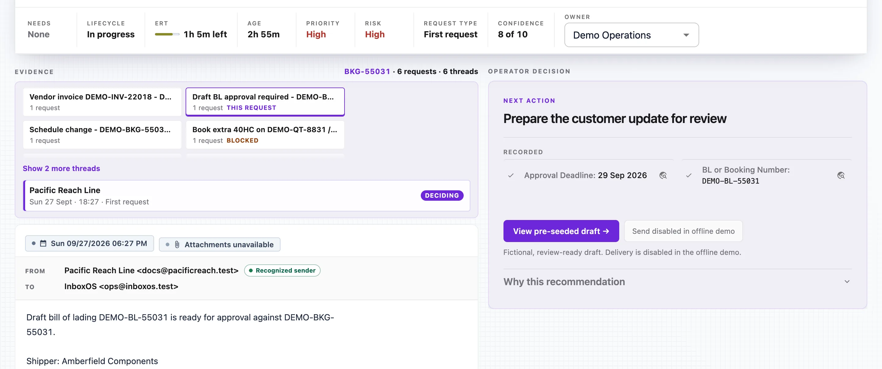 InboxOS operator decision on the offline fictional demo: evidence beside the next action for a draft bill of lading approval. Send is held in this demo.