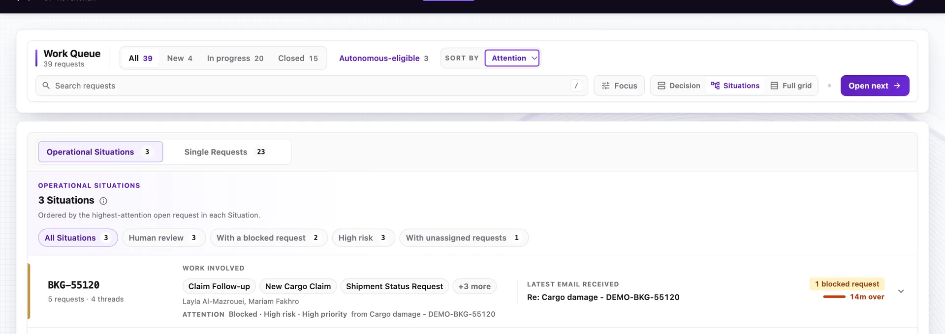 InboxOS Situations on the offline fictional demo: three situations grouped by booking reference, including a cargo-damage situation, with what is blocked or overdue.