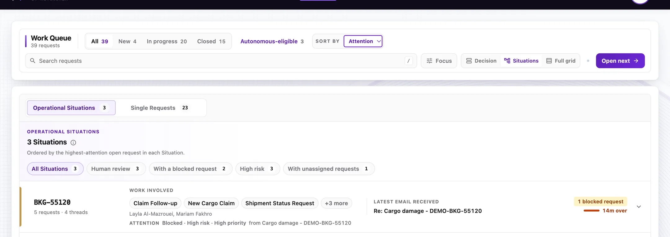 InboxOS Situations on the offline fictional demo: three situations grouped by booking reference, with the work involved, attention reasons, and what is blocked or overdue.