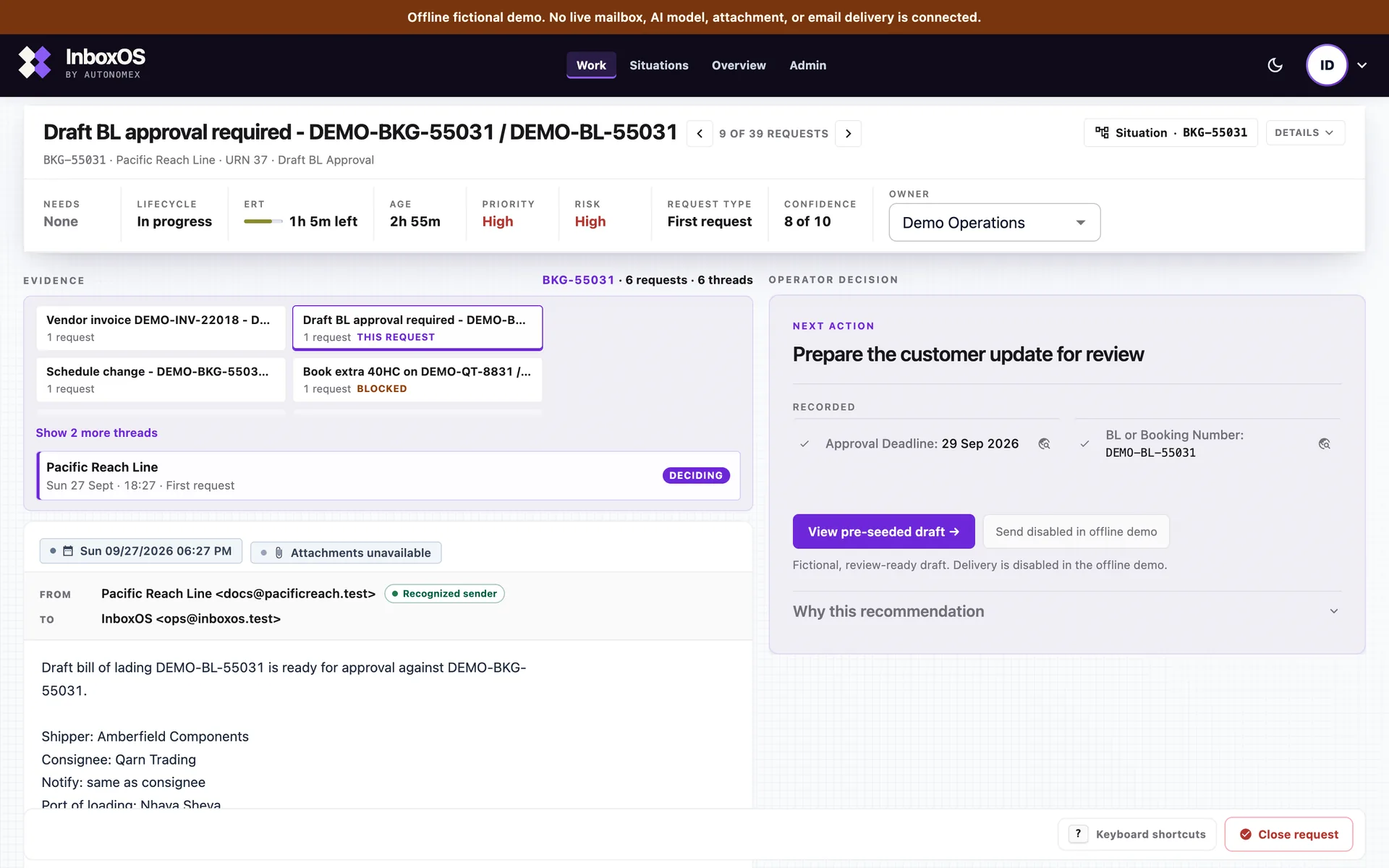 InboxOS operator decision on the offline fictional demo: evidence for a draft bill of lading approval, the next action, and send held in this demo.