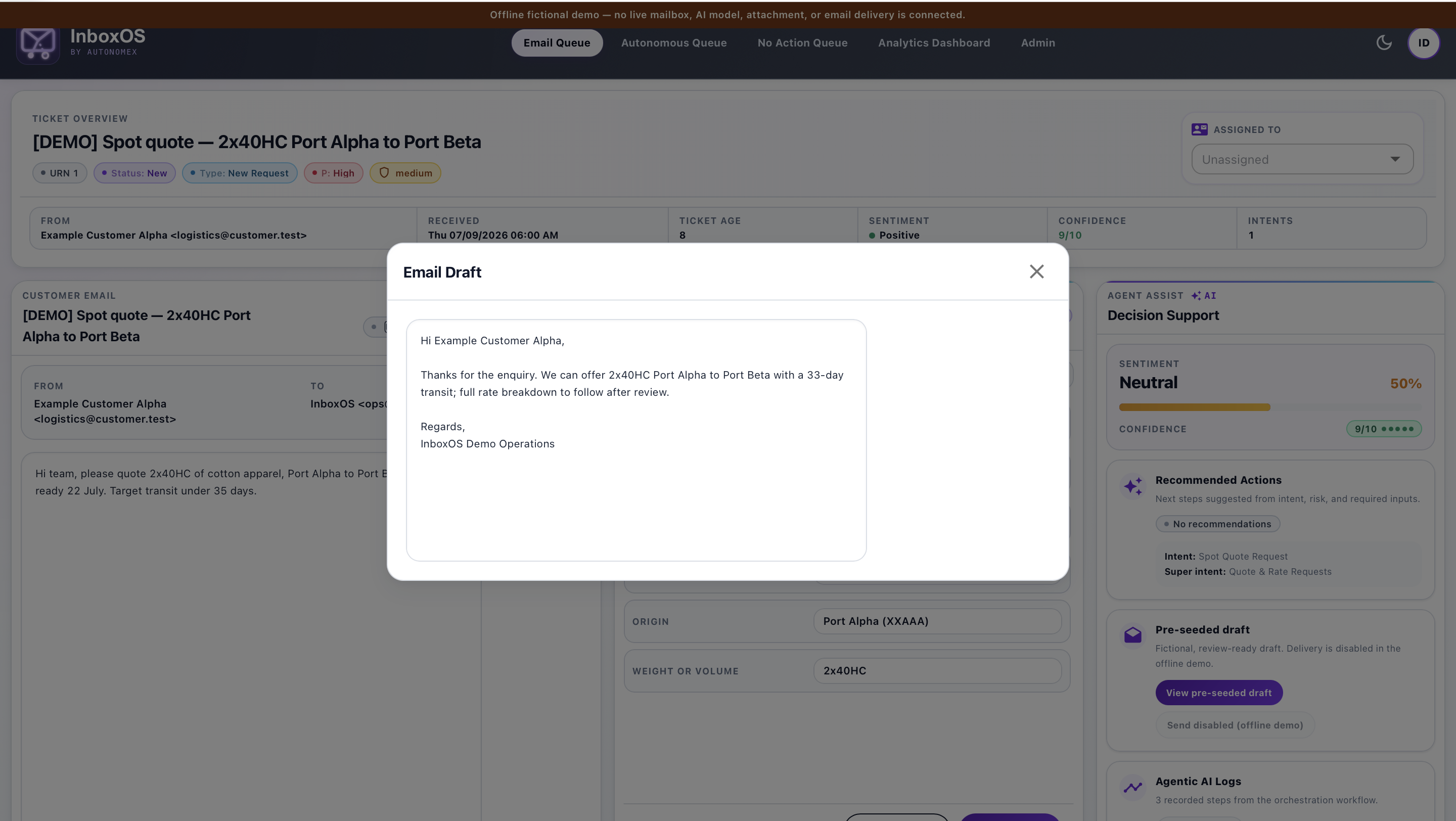InboxOS freight ticket detail with a review-ready draft and send disabled in the offline demo